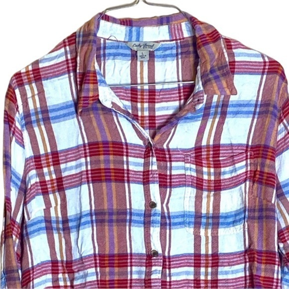 Lucky Brand Women's Super Light‎ Soft Red and Blue Plaid Button Down Size Large